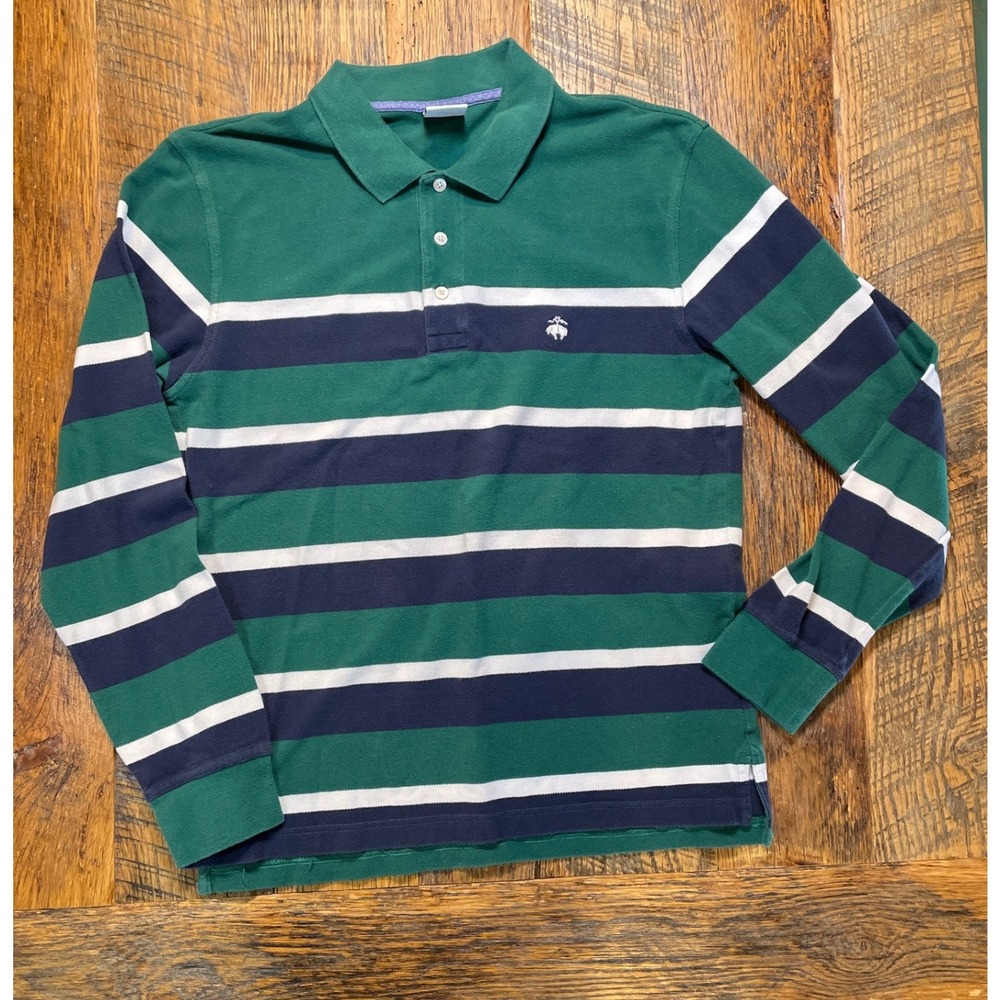 Brooks Brothers Mens Long Sleeve Striped Polo Shirt‎ Green Navy Blue White Large